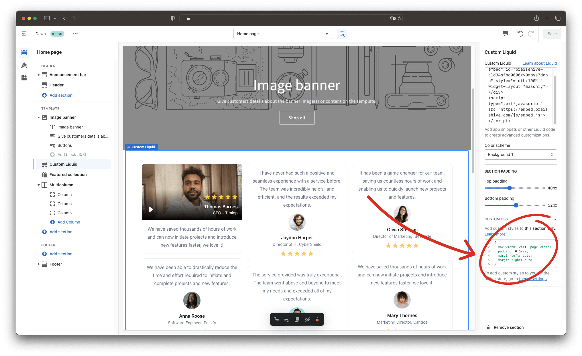 Step - 2: Change style of the Custom Liquid section